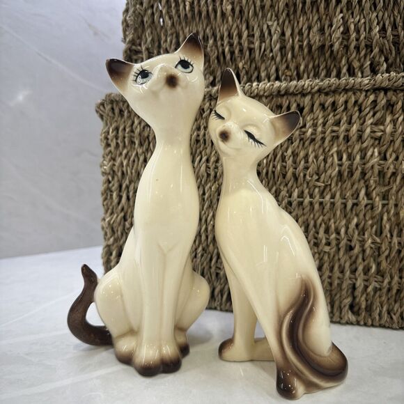 2 Vintage Ceramic Vicki MCM Siamese Cats 7in and 8in Tall Signed Delicate Lovely - Picture 2 of 14